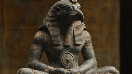 Fototapeta premium Ancient Egyptian Horus statue, seated, detailed carving.