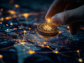 Hand Holding Compass Above a Global Map with Data Connections