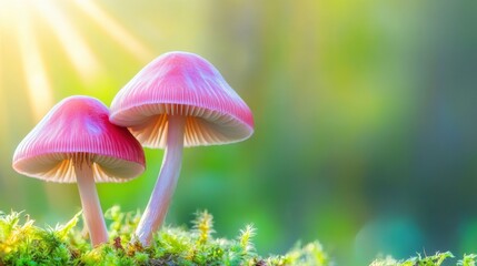 Mushrooms in sunlight on a peaceful forest floor, ample space for text