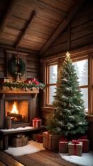 A stunning, classic depiction of a Christmas tree adorned with vibrant red and gold ornaments, sparkling lights, and a large golden star with a red ribbon as the tree topper. The tree is surrounded by