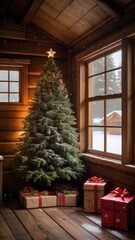 A stunning, classic depiction of a Christmas tree adorned with vibrant red and gold ornaments, sparkling lights, and a large golden star with a red ribbon as the tree topper. The tree is surrounded by