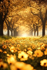 Golden hour sunbeams illuminate a path lined with trees, leading to a field of vibrant yellow flowers.