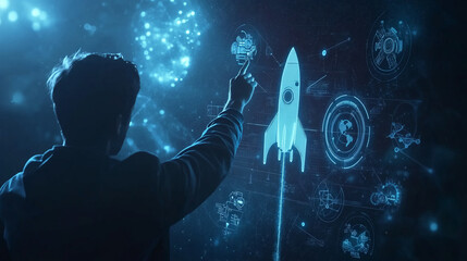 A person's hand interacts with a futuristic holographic display showing a rocket launch sequence