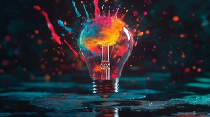 A colorful light bulb is floating in a pool of water