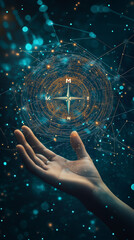 Futuristic Hand Holding Compass Against Digital World Map