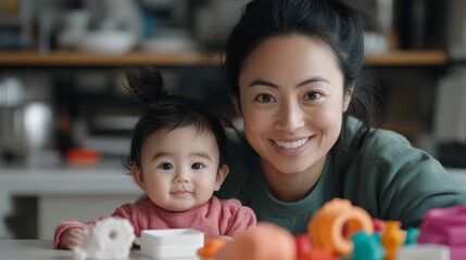 Mother and Baby Smiling Together in a Bright, Inviting Indoor Space Surrounded by Colorful Toys, Capturing Joyful Moments of Parenting and Early Childhood Development