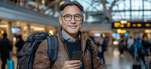 The  businessman with mobile phone and luggage at the airport