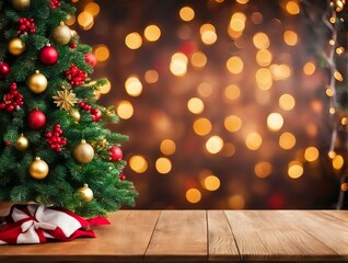 Empty Christmas Table Background With Christmas Tree For Product Display Montage.