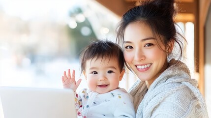 Happy Mother and Baby Smiling Together at Home with Laptop, Enjoying Quality Time in a Cozy, Sunlit Environment 