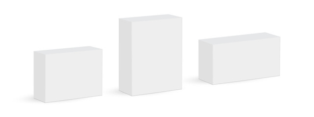 Blank Small Paper Packaging Rectangular Boxes Mockups, Isolated On White Background. Vector Illustration