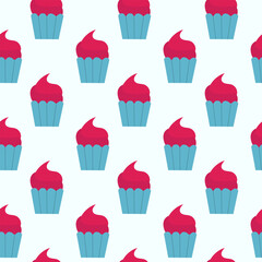 Seamless Pattern. Cupcake with pink whipped cream. Vector Flat Illustration.