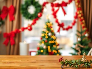 Empty Christmas Table Background With Christmas Tree For Product Display Montage.