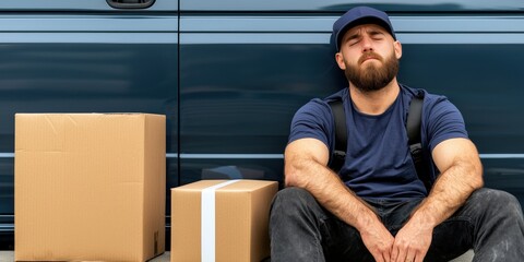A delivery worker sits beside boxes, looking exhausted while resting against a van, depicting the challenges of the logistics industry.