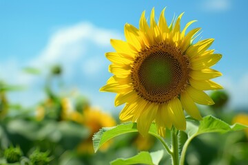 Single sunflower is blooming in a field of sunflowers with a bright blue sky