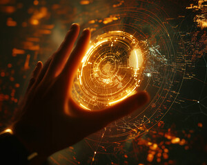 Futuristic Hand with Modern Compass in Digital Environment
