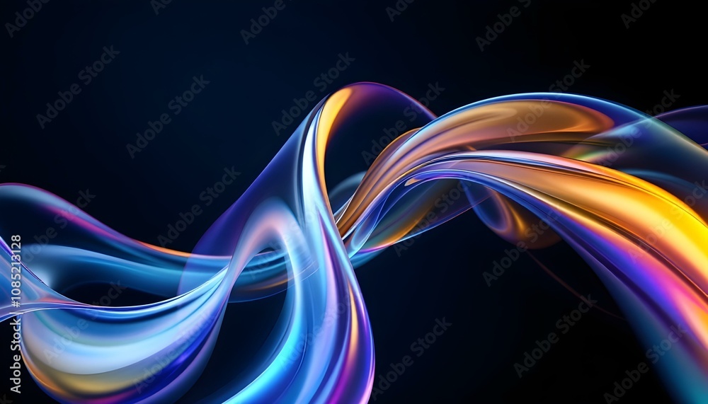 Fototapete 3d render abstract background on dark background, transparent glossy glass, colorful curve glass wit