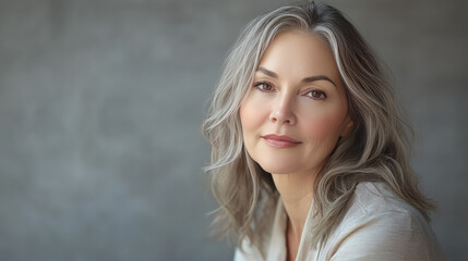Obraz premium A woman in her 50s is looking at the camera with a healthy face and skin. She represents skincare, beauty, and cosmetics for middle-aged people.