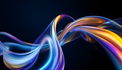 3d render abstract background on dark background, Transparent glossy glass, Colorful curve glass with dispersion. 3d crystal glass liquid wave with refraction and holographic effect isolated