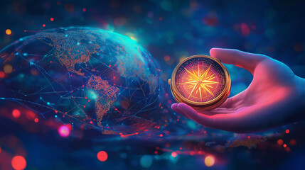 Hand Holding Futuristic Compass in Digital Landscape