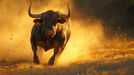 Bull Running Through Dust Cloud at Sunset