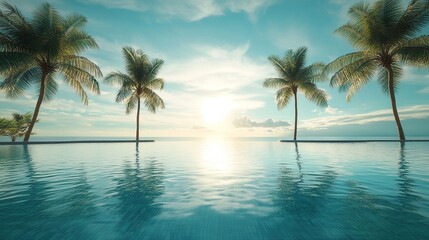 Obraz premium Serene sunset over a tranquil pool with palm trees.