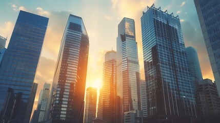 Obraz premium Tall skyscrapers in a city skyline at sunset.