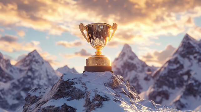 A golden trophy standing on a snow-capped mountain peak against a dramatic sunset sky, symbolizing victory, achievement, and overcoming challenges.