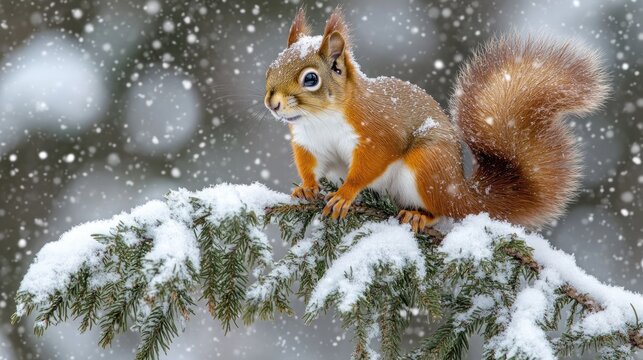 Red squirrel perched on snowy pine branch during snowfall