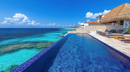 Fototapeta premium Scenic view of an infinity pool overlooking a vibrant ocean and coastline.