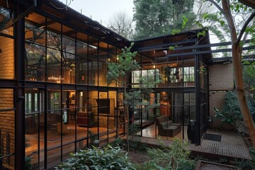 Modern glass house with black steel beams and lush greenery surrounding it, showing the interior design