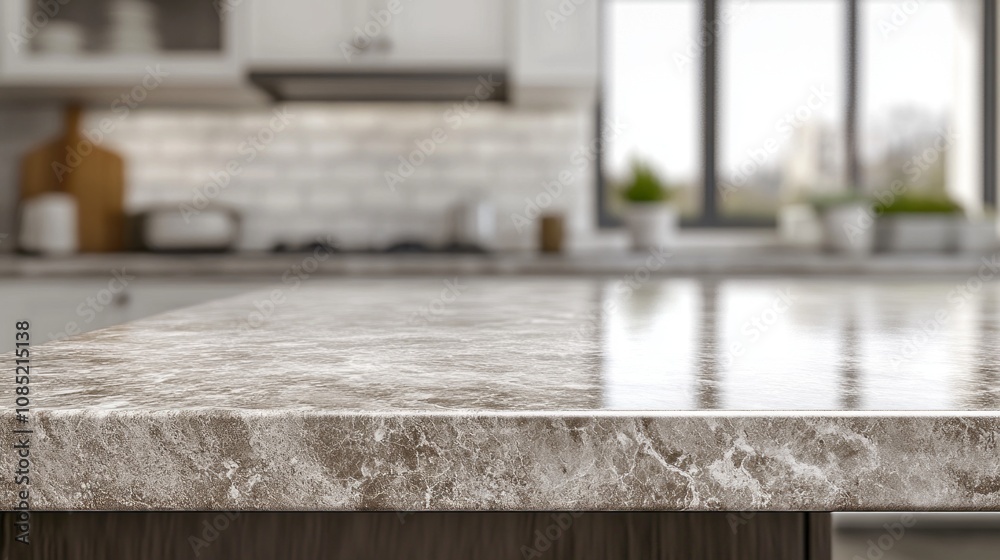 Poster a kitchen countertop with a window in the background