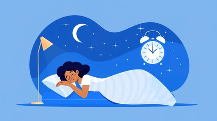 Person lying peacefully in bed under cozy blanket, eyes closed, with serene expression, promoting tranquility and good sleeping habits.