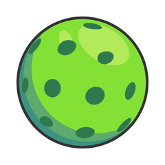 A green pickleball with black outline and green spots
