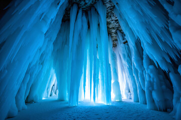 Large shimmering icicle forming from the roof down to the frozen grounds of an underground ice cave, creating an ethereal, mesmerizing paradise for explorers, tourist visiting this icy landscape.