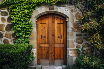 Fototapeta premium Old wooden door with stone wall covered with climbing plants creating a rustic and charming entrance