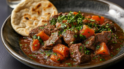Fototapeta premium Enjoy a traditional Middle Eastern meal with Arabic beef liver and soft pita bread. Served on a plate and captured from the side, this dish is a delightful representation of the region's cuisine.