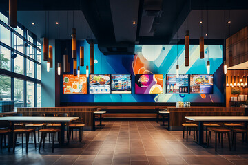 Modern Restaurant Design with Interactive Digital Signage Screens for Engaging Customer Experience
