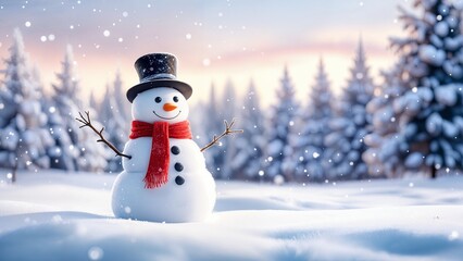 a calm winter scene with a snowman at the center of a snow-blanketed meadow 