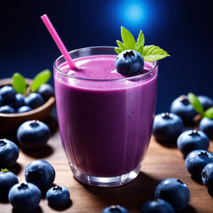 Photo blueberry frash smoothie drink with blueberry dark lghiting background