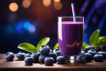 Photo blueberry frash smoothie drink with blueberry dark lghiting background