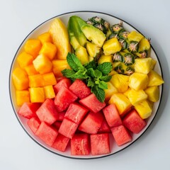 Watermelon, pineapple, mango, and mint in a bowl.