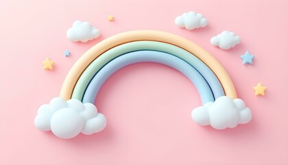 3d baby shower, rainbow with clouds and stars on a pink background, childish design in pastel...