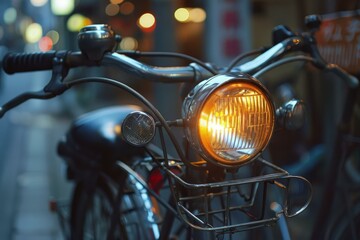 Close up of a bicycle headlight shining brightly, illuminating a blurred evening cityscape