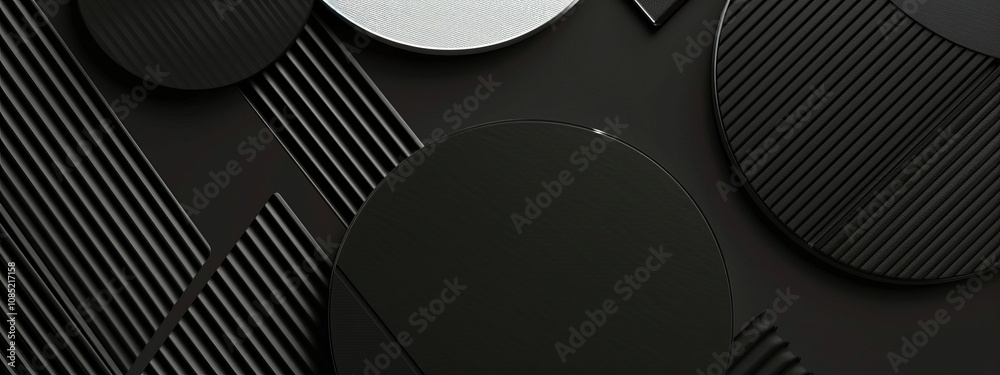 Poster Black background with geometric patterns and grids for design, banner template. White space in the center of the page for text. Modern minimalist wallpaper.