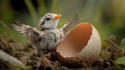 A baby bird hatching from its egg, stretching its wings for the first time and learning to fly.