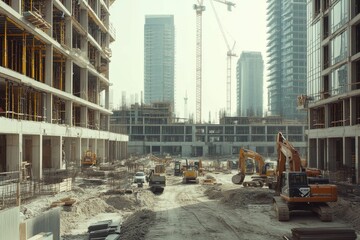 Fototapeta premium Construction site with excavators and skyscrapers.