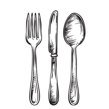 Hand drawn Fork Spoon Knife Cutlery Sketch Illustration