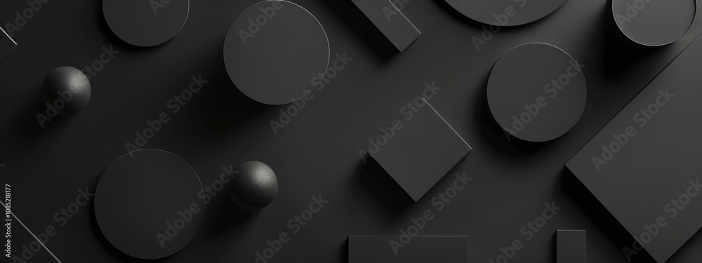 Poster photo of black background with geometric shapes arranged in a minimalist style for design, banner te