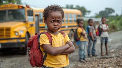 Fototapeta premium Sad Child Standing in Front of School Bus with Crossed Arms and Downcast Expression, Surrounded by Peers Ready for School Day