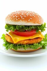 Juicy chicken burger, cheese, lettuce, tomato.